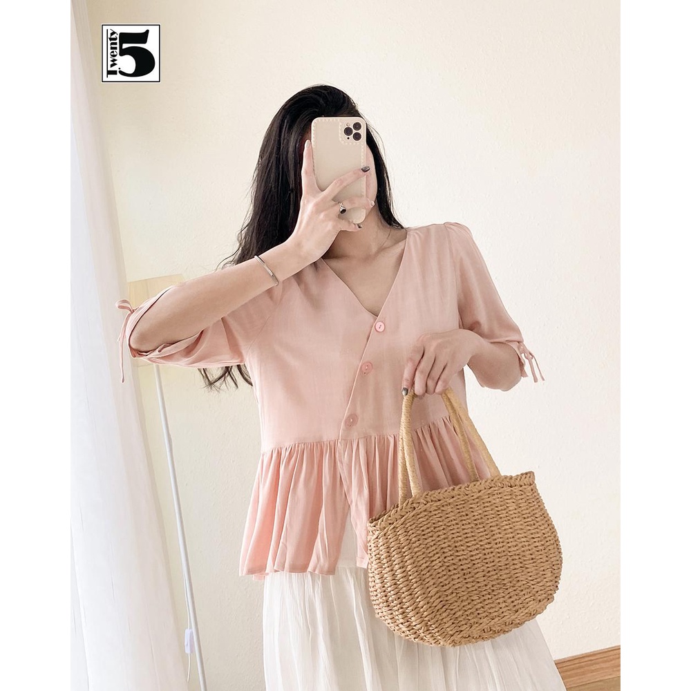 Áo sơ mi nữ Twentyfive babydoll cổ V dáng lửng vạt chéo thắt nơ cổ tay TA13