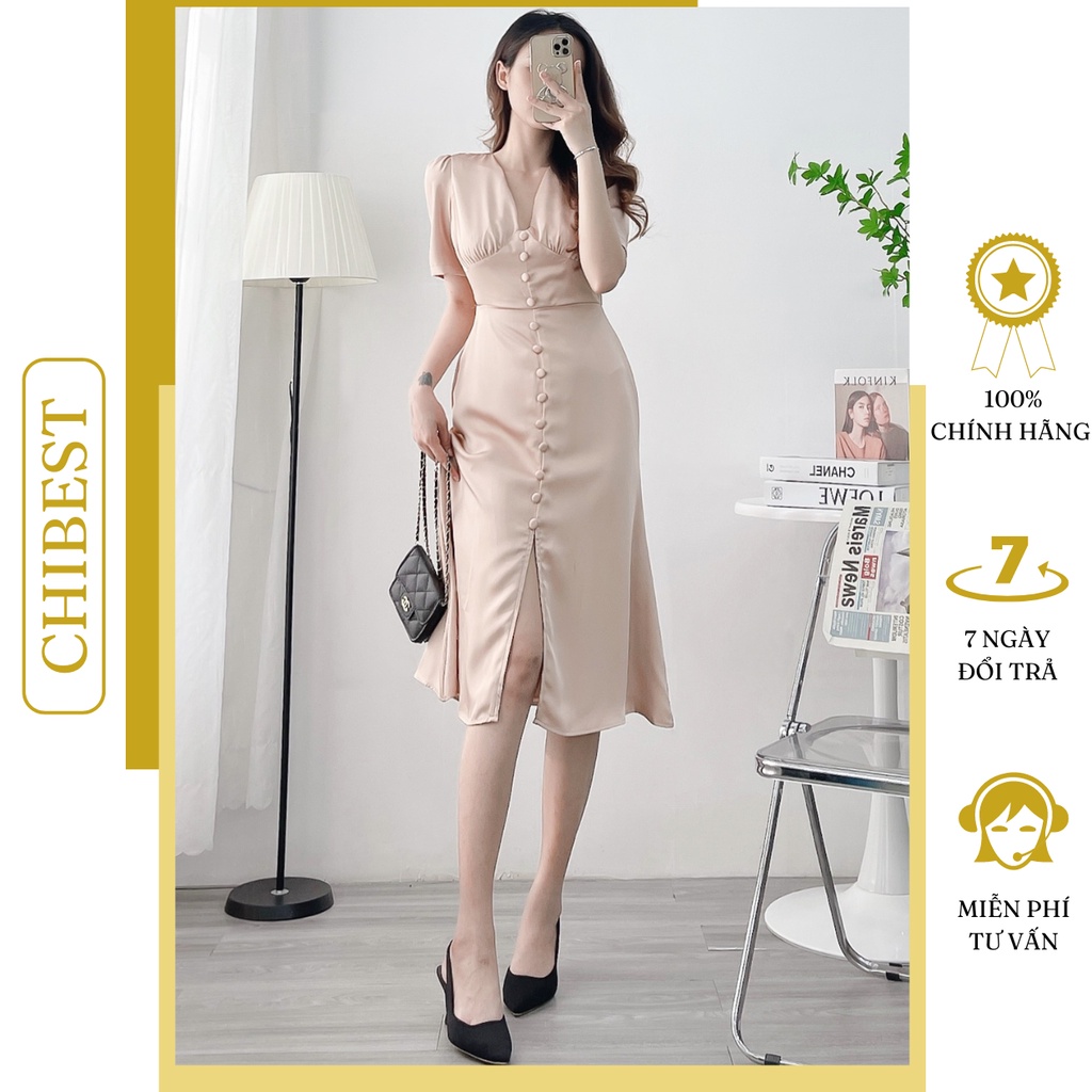 Đầm body lụa dáng dài cao cấp nút bọc xẻ line trước CHIBEST HDB813