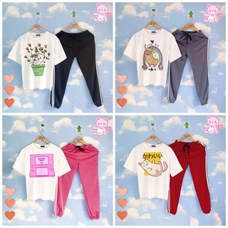 Set áo thun tay lửng quần kẻ 3 sọc, quần unisex 2 sọc C910