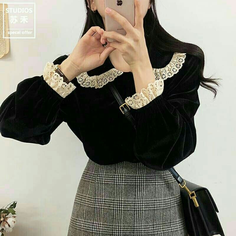 Áo kiểu dài tay màu đen chất nhung