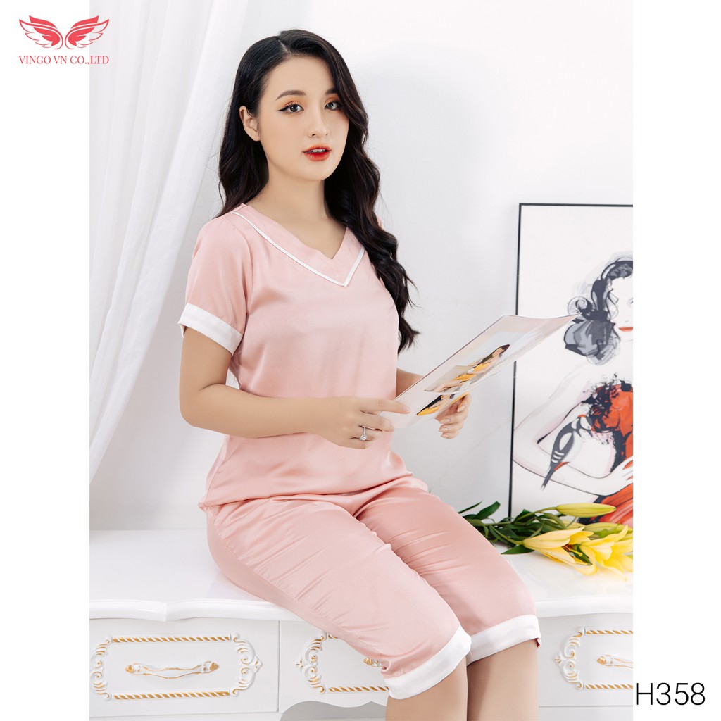 Bộ Đồ Nữ Pyjama Mặc Nhà VINGO  Lụa Hàn Trơn Tay Cộc Quần Lửng Cổ V Phối Viền Trắng H358 VNGO - TCTL | WebRaoVat - webraovat.net.vn