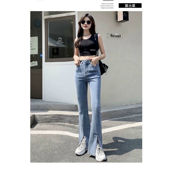 Quần jeans loe trơn basic sẻ ống phom dài co dãn