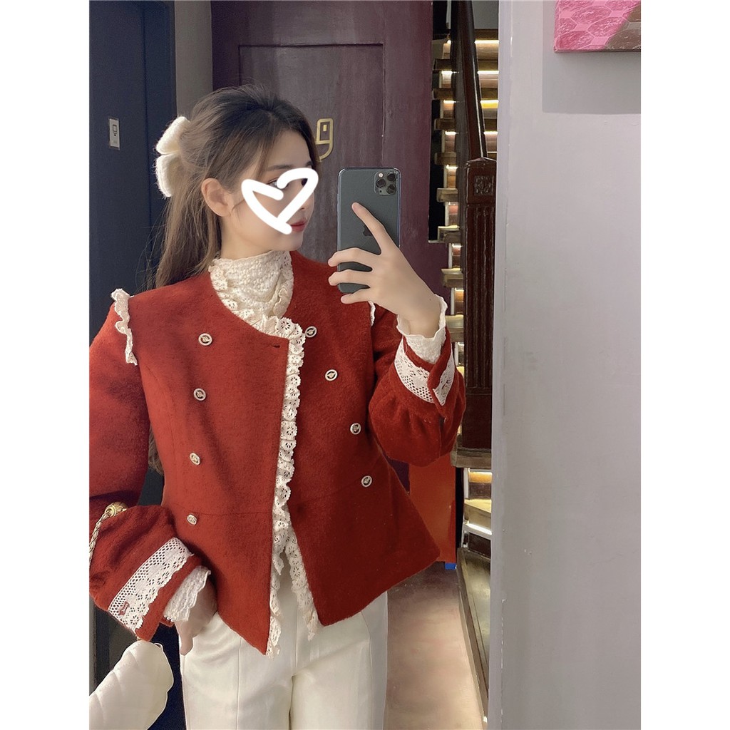 ] Áo dạ đỏ viền ren tay bồng giáng sinh tiểu thư sang chảnh Ulzzang A126