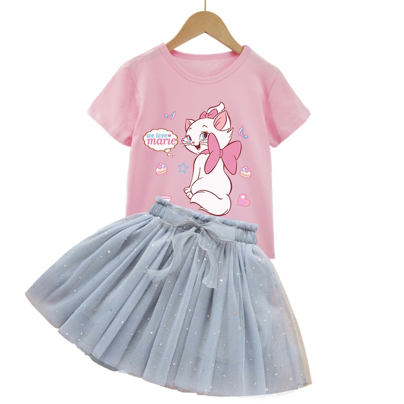 Set 2 Món Áo Thun Cotton Mỏng Màu Kẹo Ngọt In Hình Mèo Marie Thời Trang Cho Bé Gái