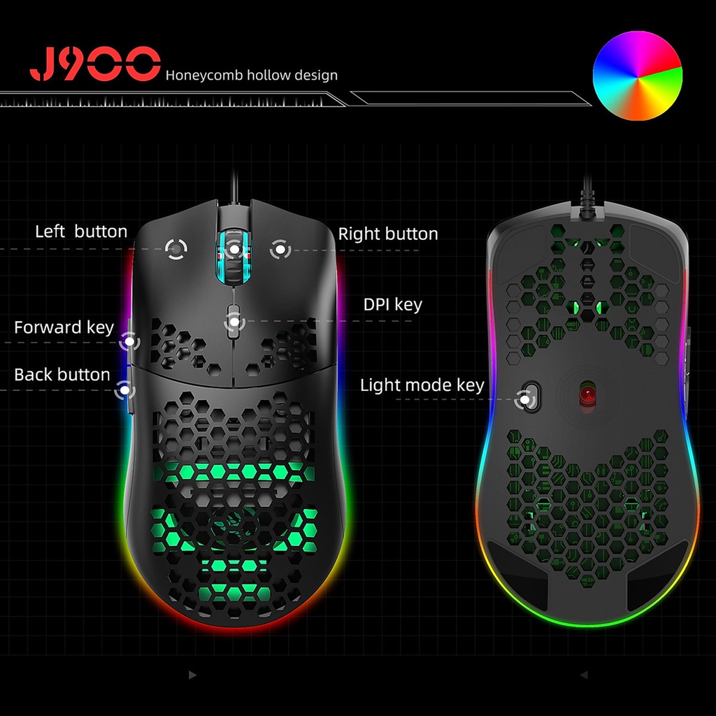 Chuột chơi Game HXJS J900 RGB Lead đổi màu Bề Mặt Lưới Xuyên Thấu Cực Đẹp DPI 6400 chuyên dành cho Game thủ