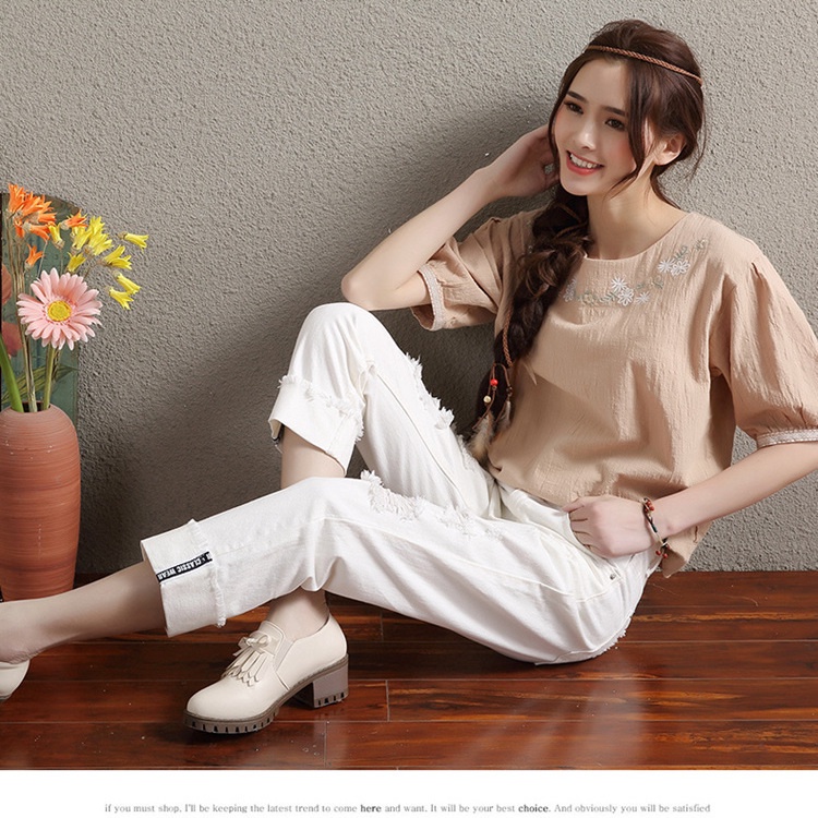 Nine-cent trousers torn jeans women's loose wide-legged straight trousers summer trousers new style casual outer wear