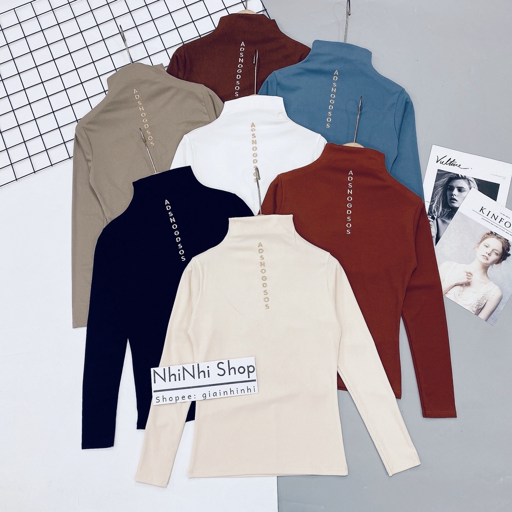 Áo thun tăm cổ cao dài tay, Áo phông thêu chữ dáng ôm co giãn 8211 - NhiNhi Shop