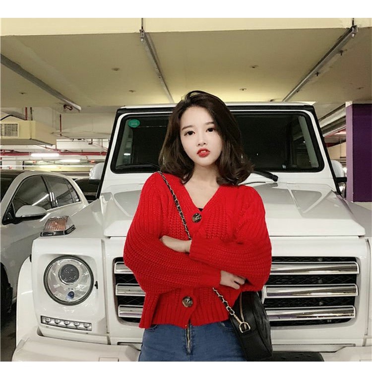 Áo khoác cardigan ZHELIHANGFEI dệt kim tay dài cổ chữ V dáng rộng lưng cao dễ phối đồ