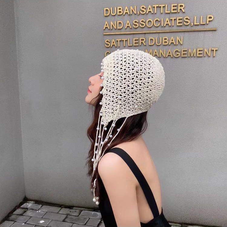 Mũ Turban dệt kim đính ngọc trai phong cách dân tộc cổ điển cho nữ