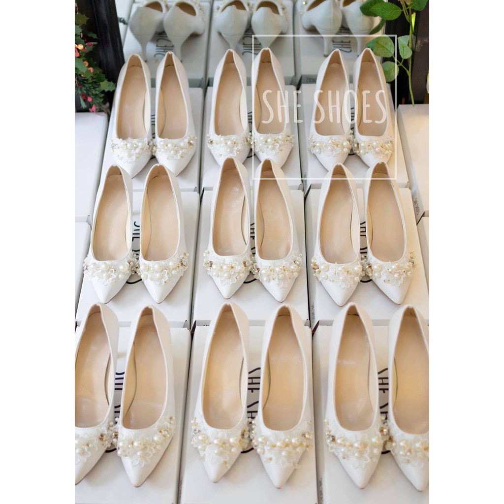 Giày màu trắng {FREESHIP} Giày cô dâu kết hoa vòng cao cấp SHE SHOES