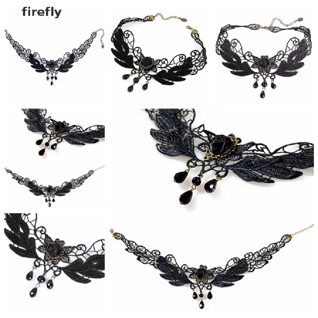 Vòng cổ choker phối ren hoa hồng phong cách lolita màu đen quyến rũ