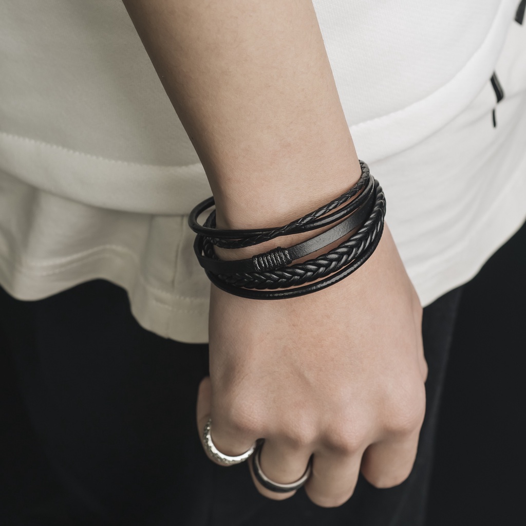 Bộ Vòng Tay Nam Lắc Tay Unisex Leather Thời Trang Vòng Tay Nam Nữ SAZ Màu Đen Da Cao Cấp - Vòng Leather