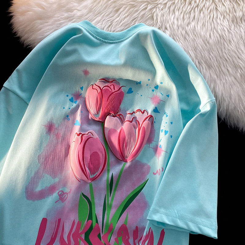 NRVP Áo thun mùa hè tay ngắn oversize in họa tiết phong cách Hàn Quốc cho nữ