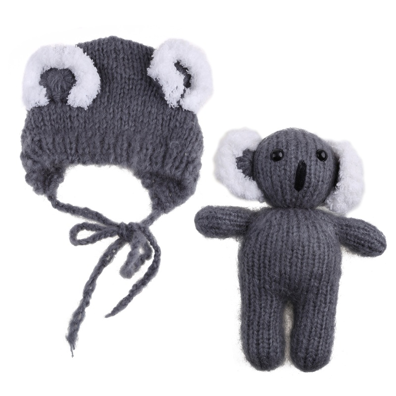 Bộ 2 Mũ Beanie Kèm Gấu Koala Nhồi Bông Dệt Kim Dùng Làm Phụ Kiện Chụp Ảnh Cho Bé Sơ Sinh
