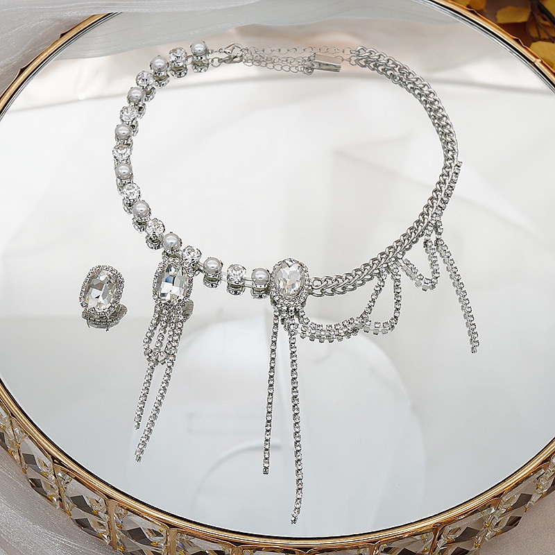 Bộ Vòng cổ + Bông Tai Đính Kim Cương Pha Lê Lấp Lánh Kiểu Dáng Đơn Giản Thời Trang Mới Và