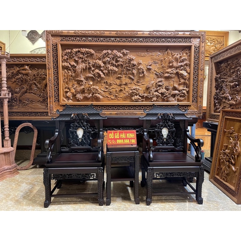 bộ bàn ghế vách gỗ Cẩm hàng mộng thủng