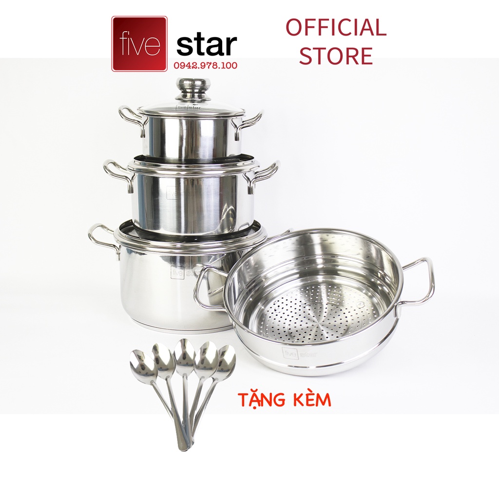 Bộ nồi xửng hấp 3 đáy inox 430 cao cấp Fivestar Standard 4 món nắp kính tặng 10 muỗng ăn ( N16 x N20 x N24 x X24cm )