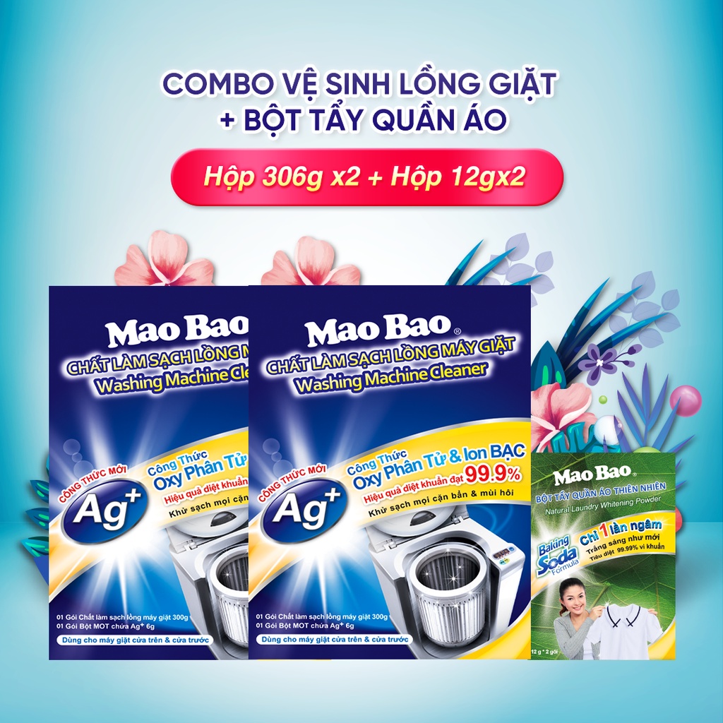 Chất vệ sinh lồng máy giặt Ag+ Mao Bao 306g - 2 hộp + tặng 1 hộp Bột tẩy quần áo thiên nhiên 12g x2 gói