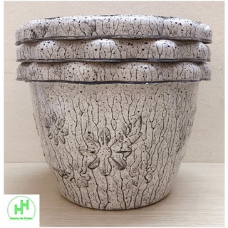 3 Chậu Nhựa Trồng Hoa, Cây Cảnh Hình Tròn Hoa Nổi Vân Gỗ 20x16 cm (ĐK x Cao)