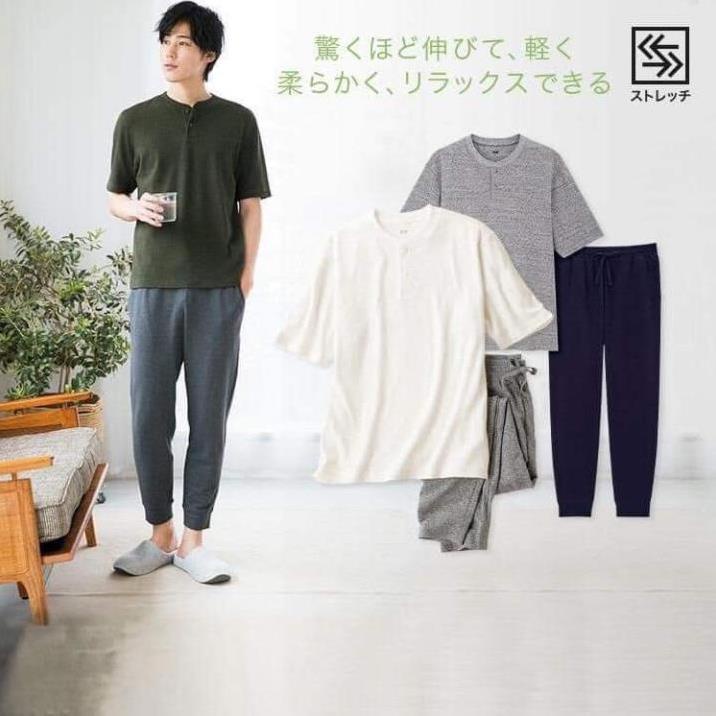 (UNIQLO Nhật chính hãng) Nam - Bộ mặc nhà/ Bộ ngủ nỉ da cá áo cộc tay quần dài co giãn ! ⚡