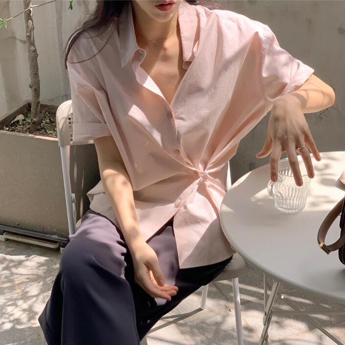 Áo Sơ Mi Tay Ngắn Màu Sắc Đơn Giản Phong Cách Hàn Quốc Cho Nữ