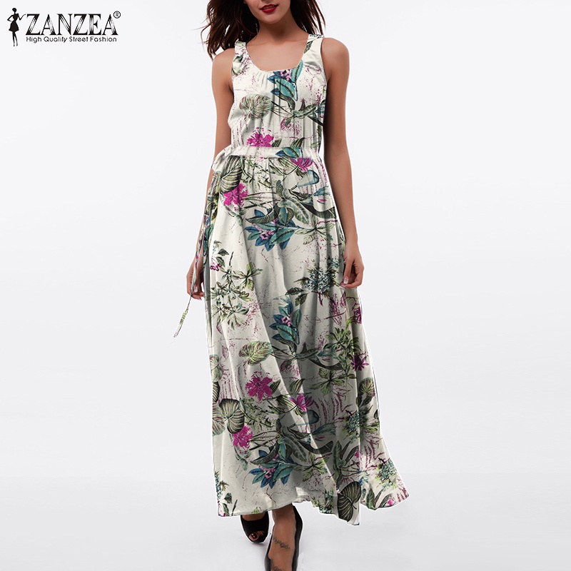 Zanzea Đầm Dây Rút Không Tay In Họa Tiết Thời Trang Nữ