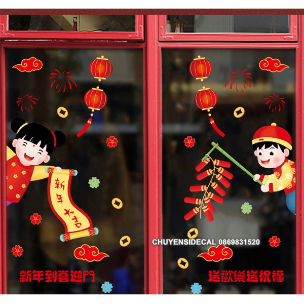 Decal trang trí Tết - Các Bé đốt Pháo đối liễm chào Xuân