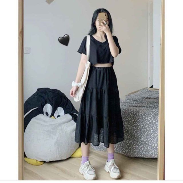 CHÂN VÁY VOAN TẦNG 2 LỚP ULZZANG MÀU ĐEN - TRẮNG | BigBuy360 - bigbuy360.vn