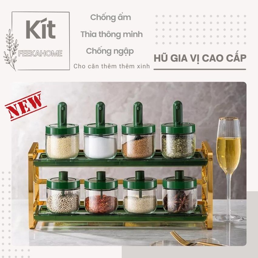 Lọ đựng gia vị thủy tinh có nắp FEEKA kèm thìa thông minh, hũ đựng gia vị thủy tinh cao cấp kèm muống chống ẩm 300ml