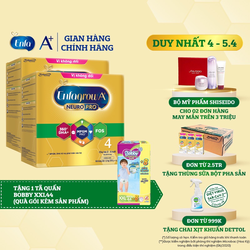 [Mã MKBESBD51 giảm 0.05 đơn 250K] [Tặng 1 Tã Quần Bobby XXL44]Bộ 2 Sữa Bột Enfagrow A+ Neuropro 4 Vị không đổi-2.2kg/hộp