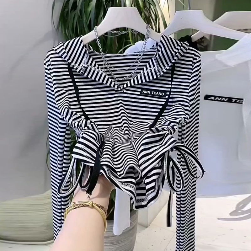 Áo Thun Có Nón Họa Tiết Sọc Ngang Thời Trang Hàn Quốc Cho Nữ