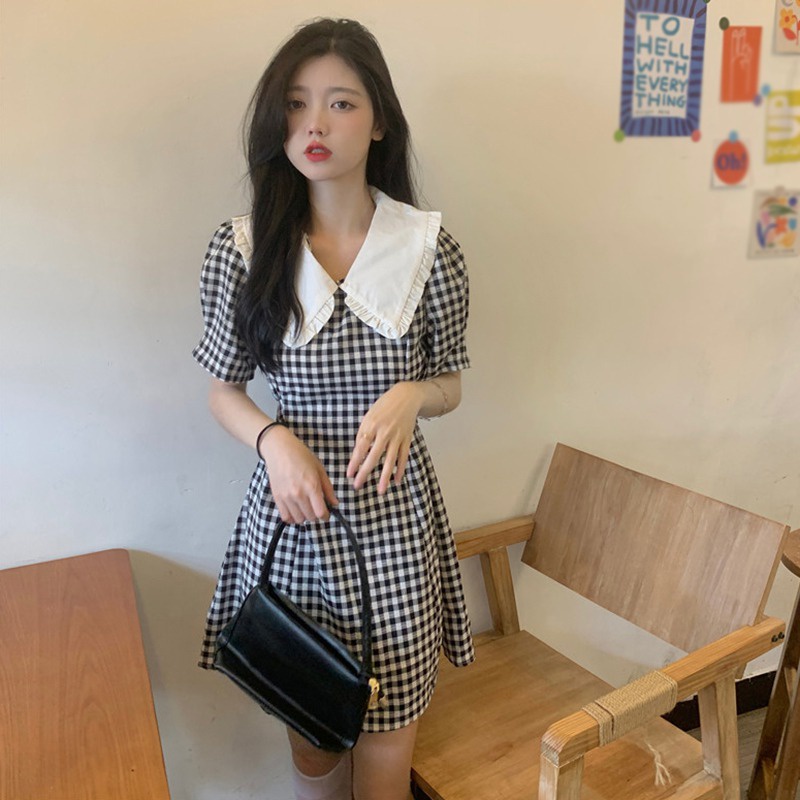 Đầm Tay Ngắn Cổ Búp Bê Họa Tiết Sọc Caro Phong Cách Hàn Quốc Thời Trang Mùa Hè Xinh Xắn