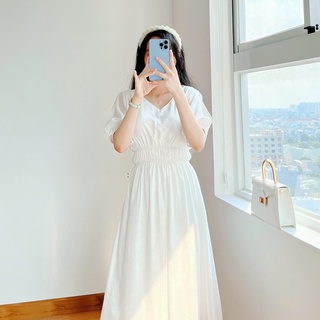 Đầm Trắng Cổ Tim Nhún Eo Xinh