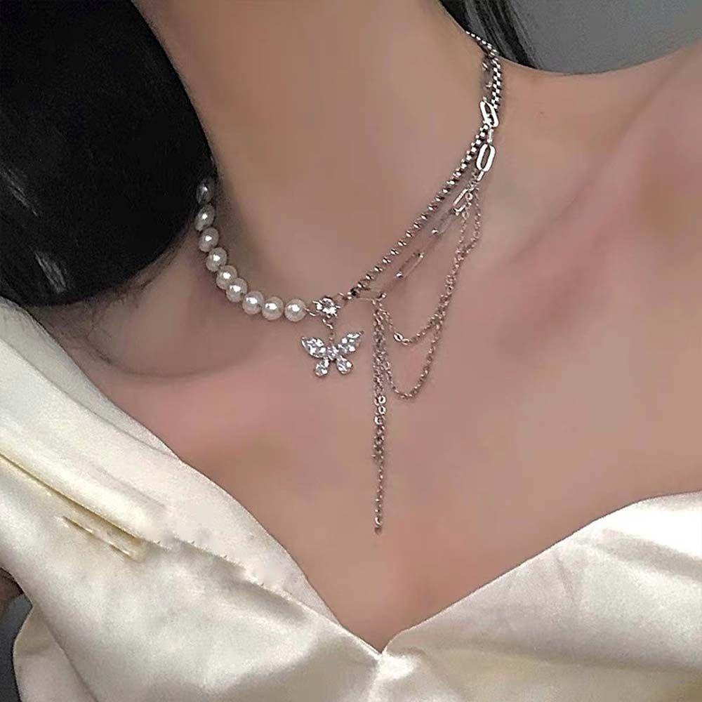 QQMALL Vòng cổ Mặt Hình Bướm Đính Đá Phong Cách Hip Hop Thanh Lịch Cho Nữ