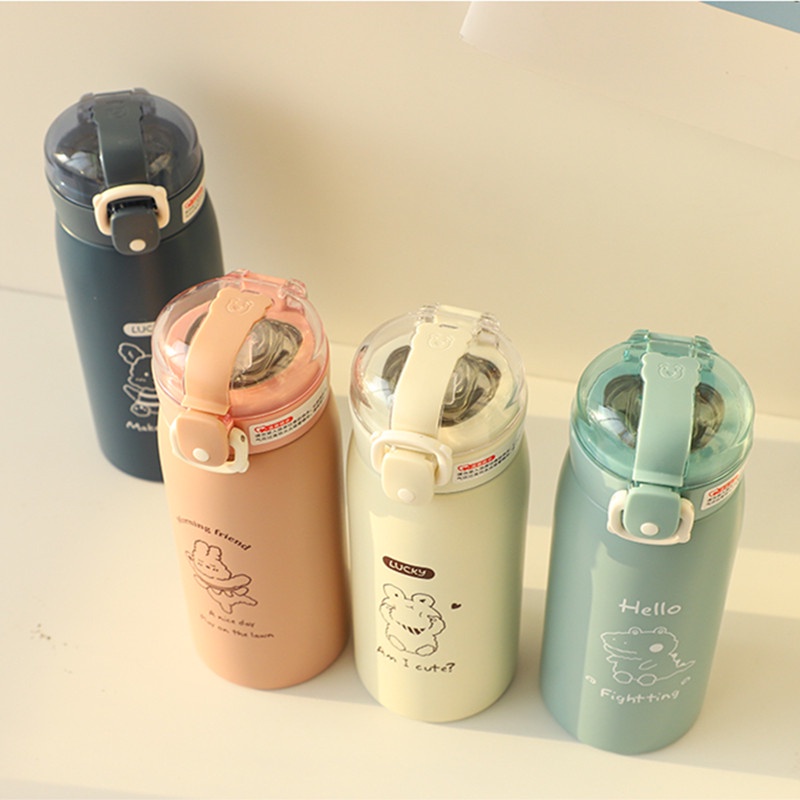 【HOT】 Cốc giữ nhiệt 500ml có dây đeo họa tiết hình dán dễ thương