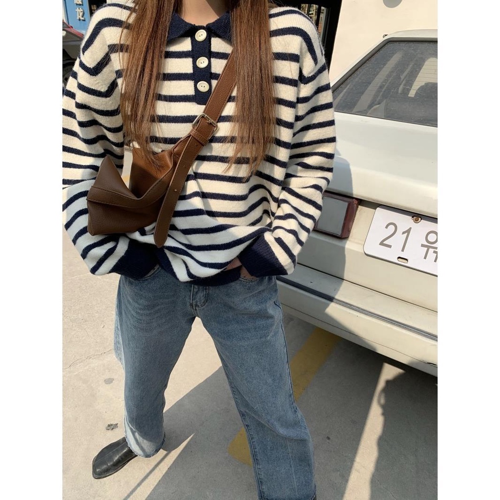 Áo len cổ bẻ kẻ sọc phong cách Hàn Quốc cho nữ