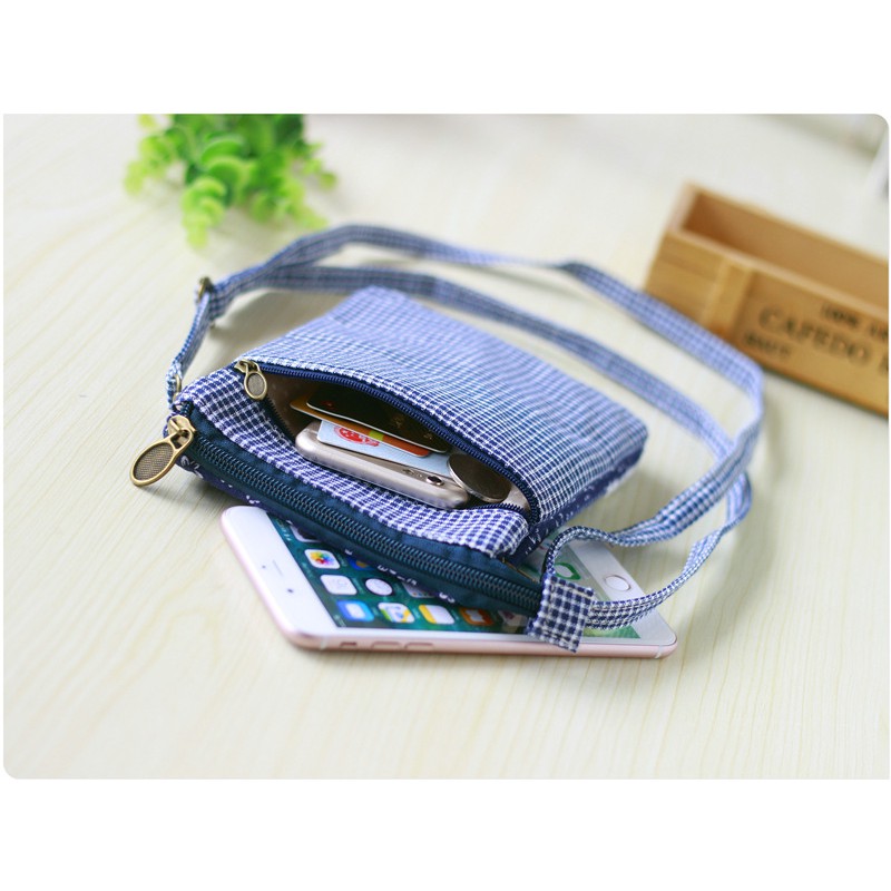 Túi Đựng Điện Thoại Bằng Vải Màu Xanh Dương Trắng Có Khóa Kéo Hai Bên Hông Và Túi Đựng Điện Thoại Di Động