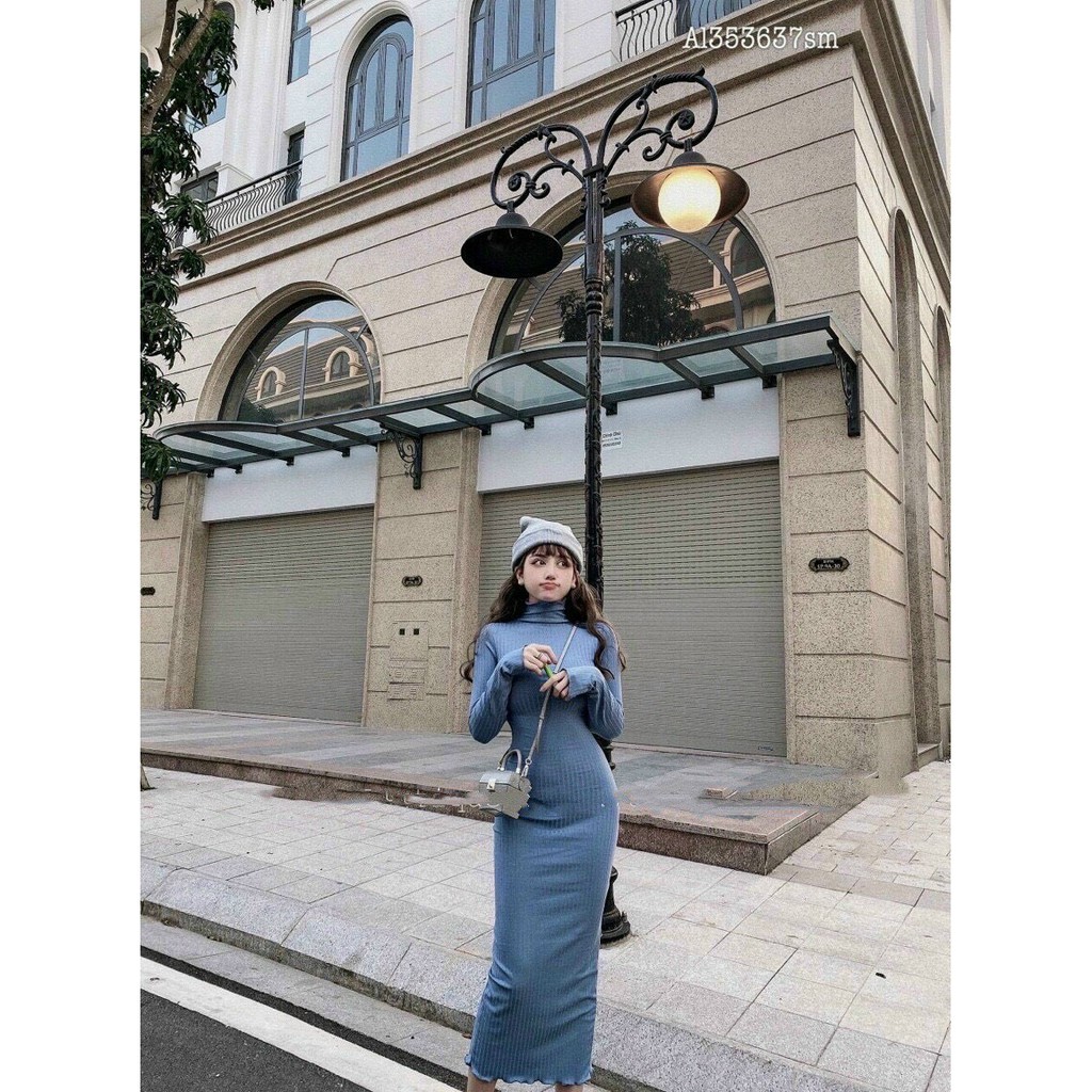 Đầm cổ lọ dáng dài ôm tay dài len gân mùa đông tết đến basic NU80