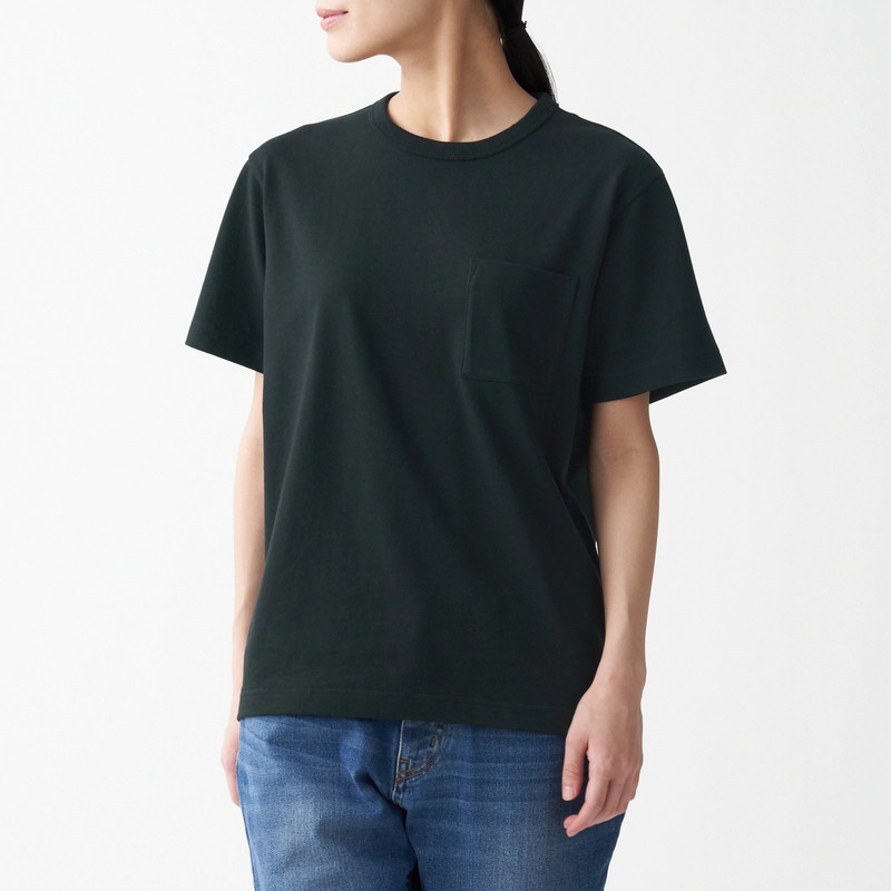 Muji Áo Thun Vải Jersey Sợi Dày Cổ Tròn Ngắn Tay Nữ