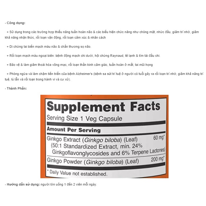 VEGAN - Viên uống Tuần hoàn máu não Ginkgo Biloba 60mg hộp 60 viên hãng Now Thuần Chay