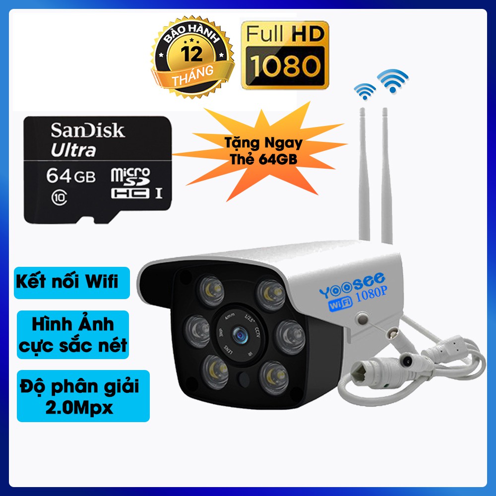 (Tặng thẻ 64GB) Camera wifi Yoosee chống nước ngoài trời ZQ25M Full HD1080-2.0Mpx 4 led và 2 hồng ngoại xem đêm có màu