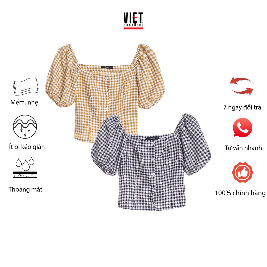 Áo croptop kẻ trễ vai VIỆTBROTHERS tay bồng 221AHU05