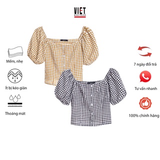 Áo croptop kẻ trễ vai VIỆTBROTHERS tay bồng 221AHU05