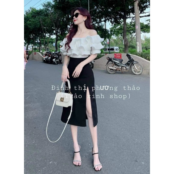 Sét váy thời trang nữ mặc đi chơi chất voan dập ly trễ vai trắng mix chân váy umi xẻ tà đen có mút ngực xinh