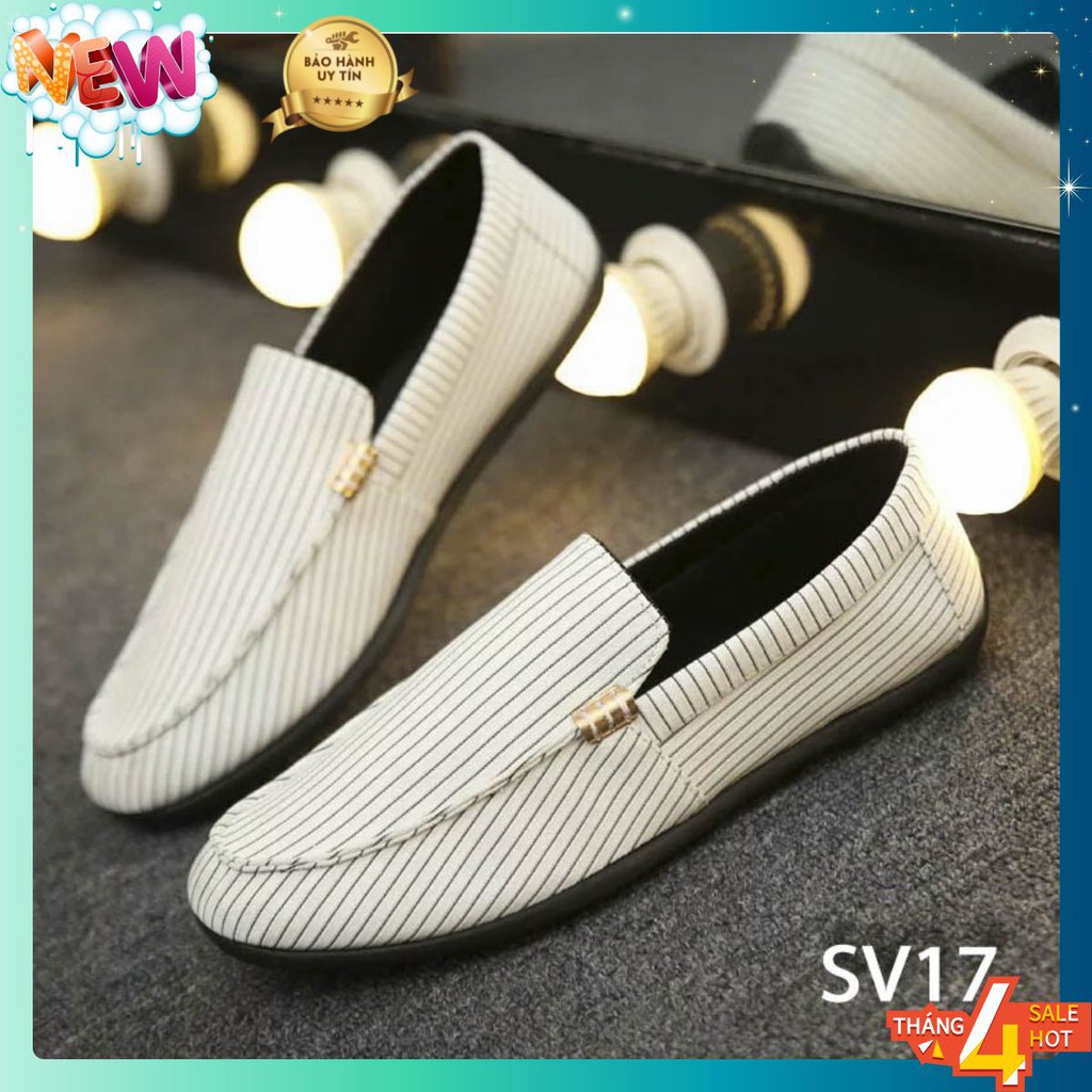 Giày Lười Nam Cao Cấp Kẻ Sọc Đen Màu Trắng SV17 [ GÍA HỦY DIỆT ]