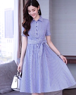 Đầm sọc xanh form dài cột nơ (kèm hình thật)