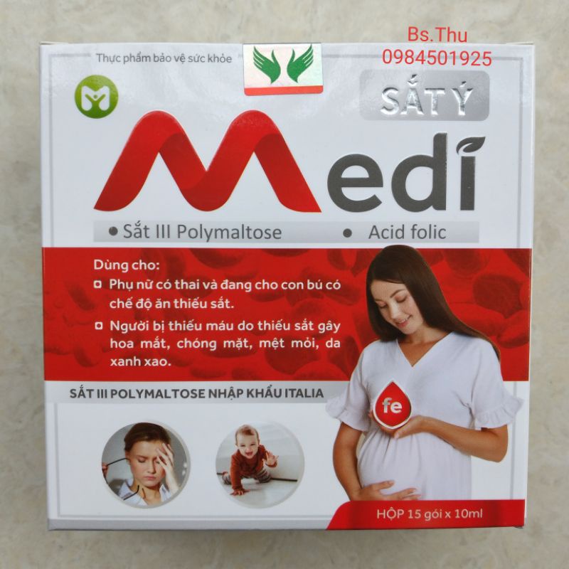 Sắt Ý Medi hộp 15 gói 10ml bổ sung sắt vị rất dễ uống, không tanh, không gây táo dùng được cho BN tiểu đường