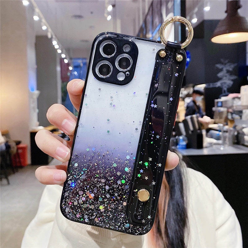 Ốp điện thoại mềm trong suốt đính kim tuyến màu gradient kèm giá đỡ và dây đeo cho iPhone 11 Pro 12 Pro Max 12 Mini