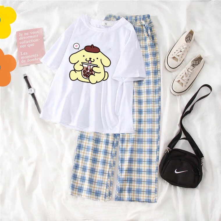 Sét Áo Gấu uống trà + quần kẻ karo, Áo thun from rộng, Chất đẹp không xù, mặc mát - MODY