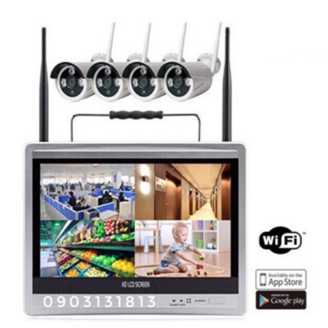 Đầu Ghi 4/8 Camera FullHD 2.0MP IP Wifi Hồng Ngoại NVR Kit 12.5 inch LCD